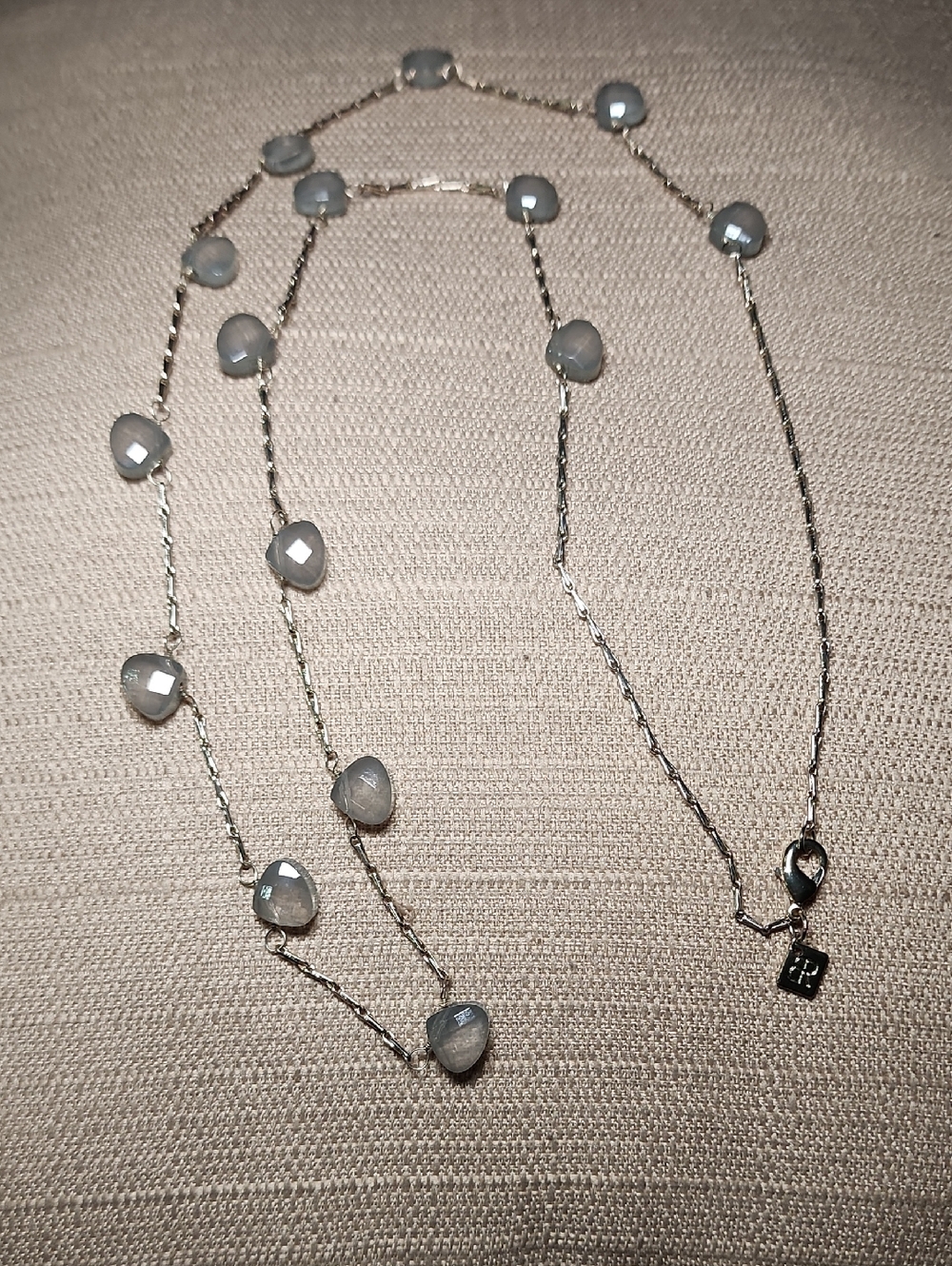 Vintage Banana Republic Long Silver-Tone Necklace with Light Gray Faceted Beads
